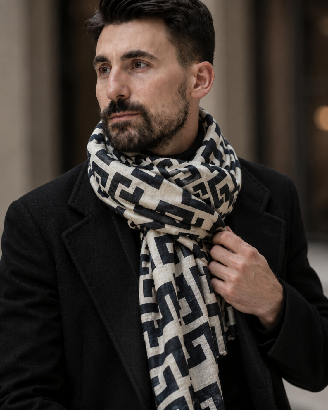 Eșarfă alb-negru cu model