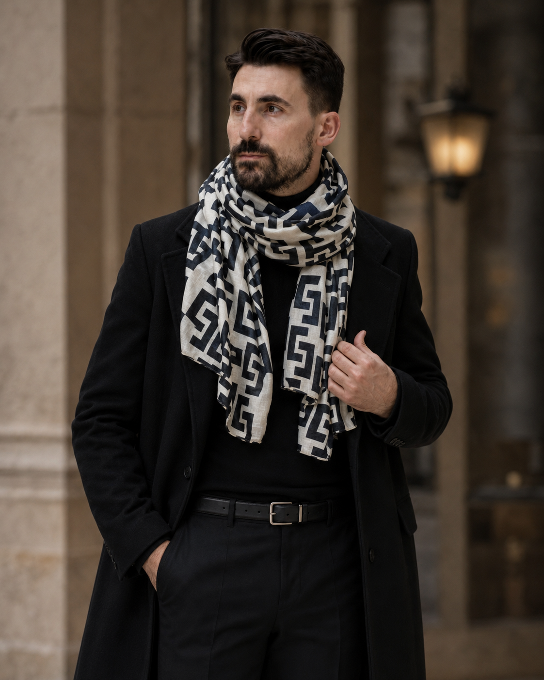 Eșarfă alb-negru cu model