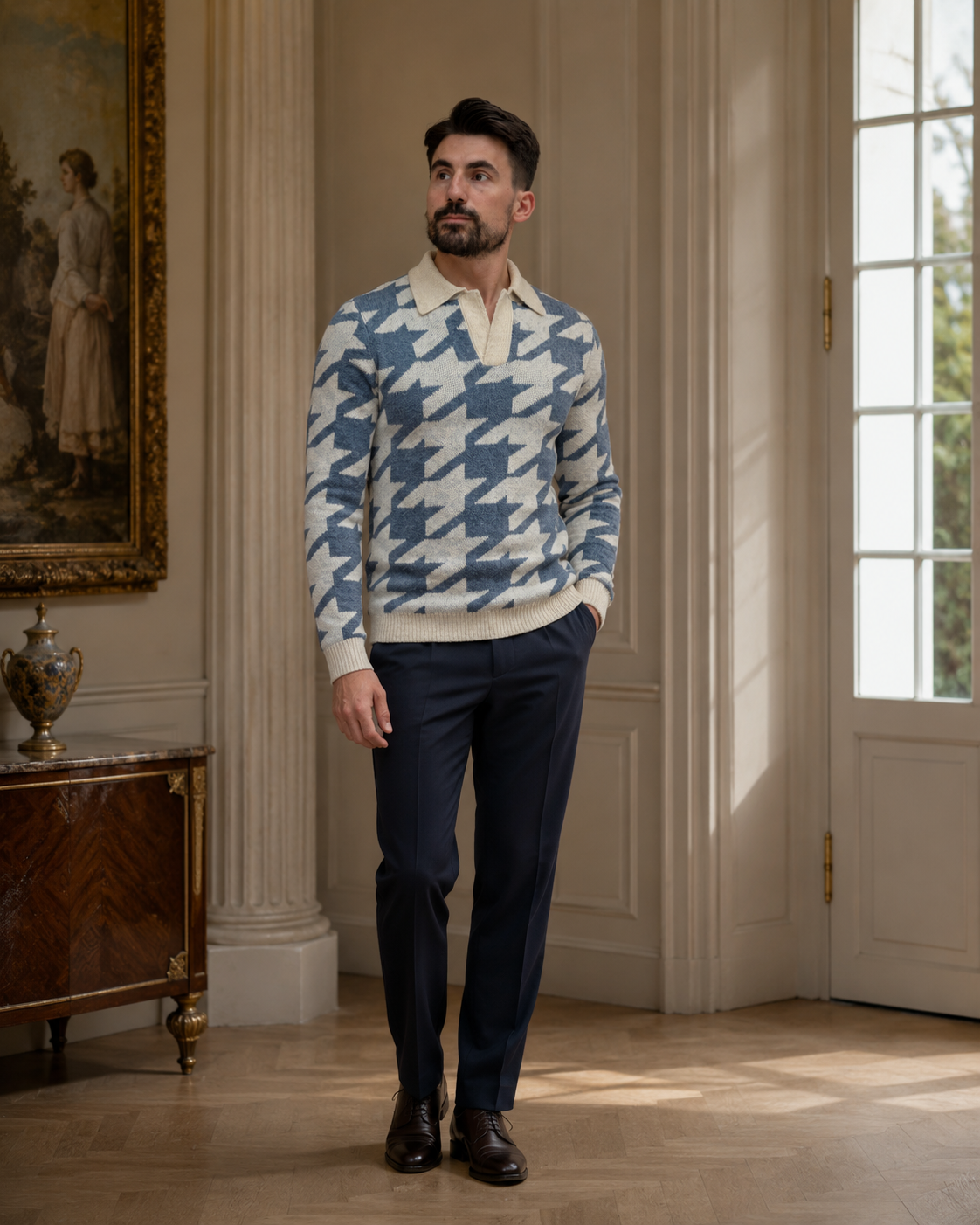 Pulover Hampton alb-albastru deschis