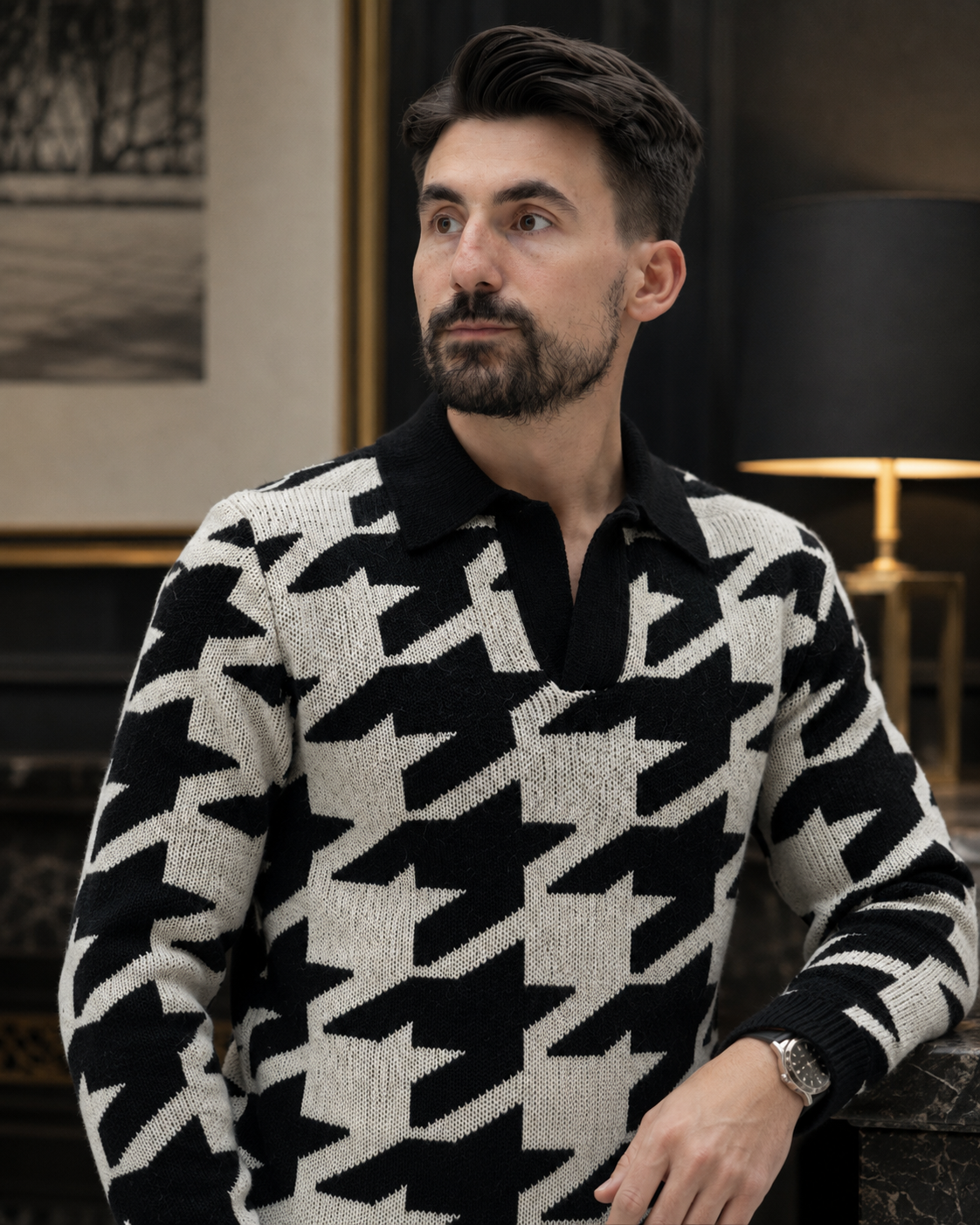Pulover Hampton alb-negru