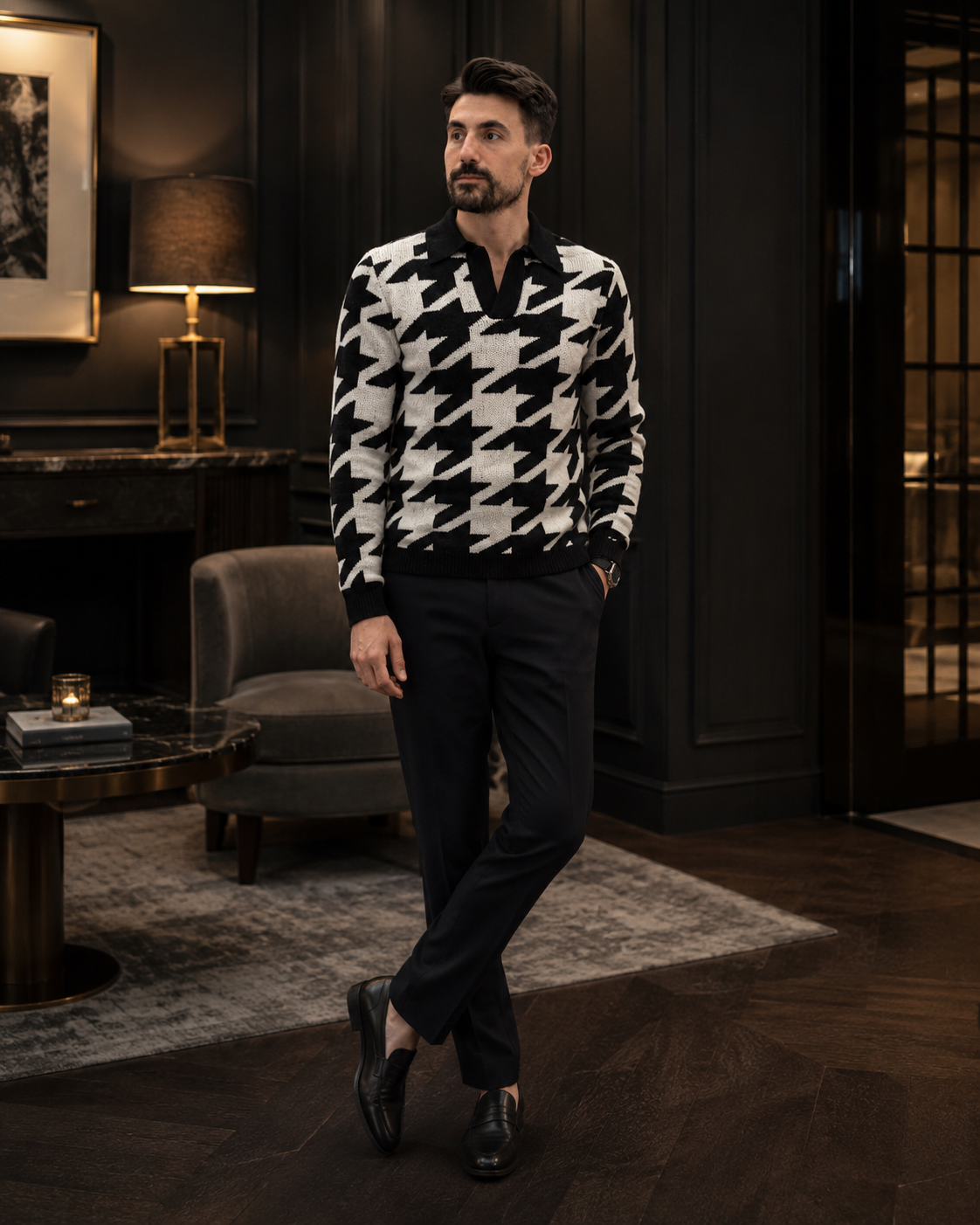 Pulover Hampton alb-negru