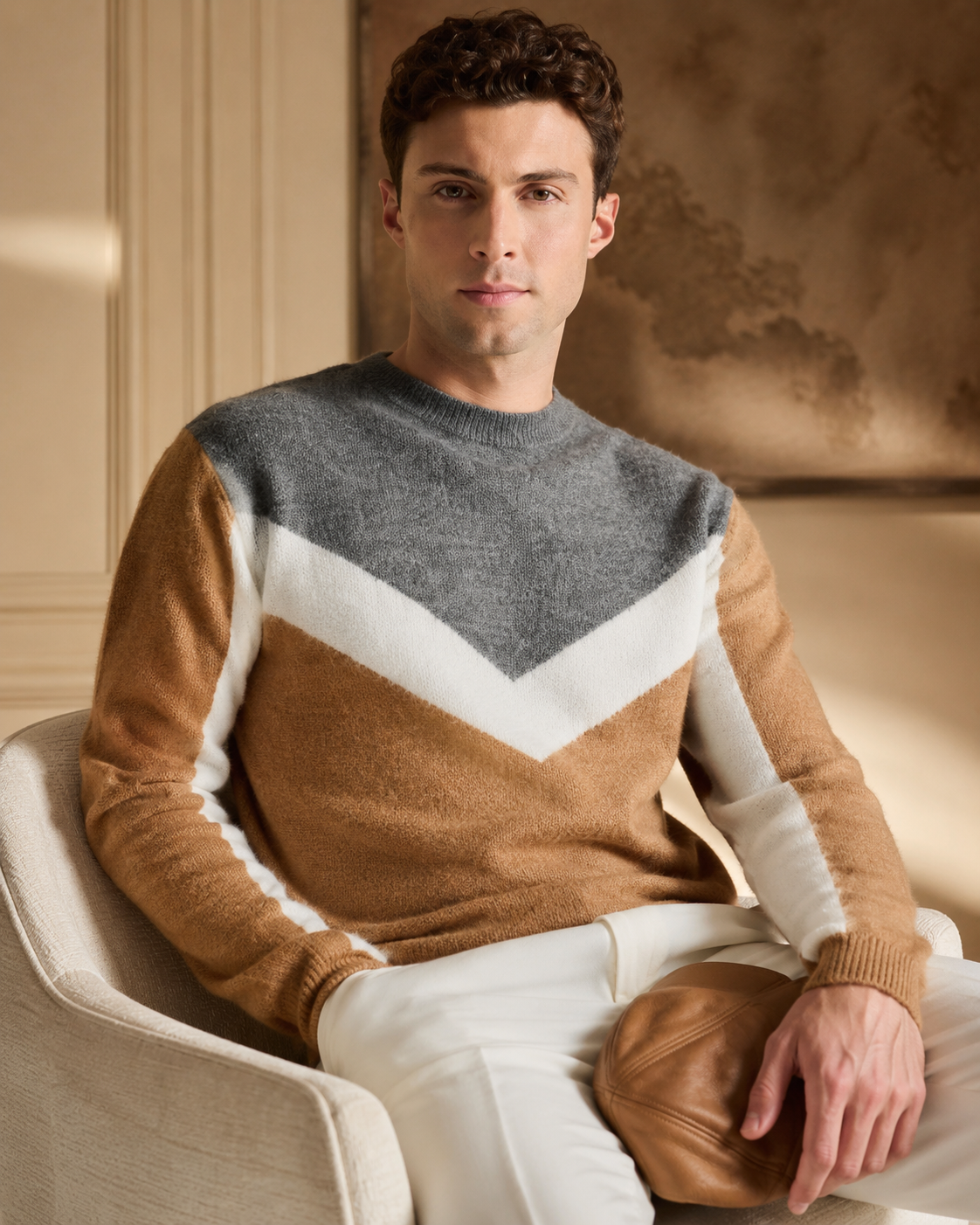 Pulover Modern bej-gri cu design geometric