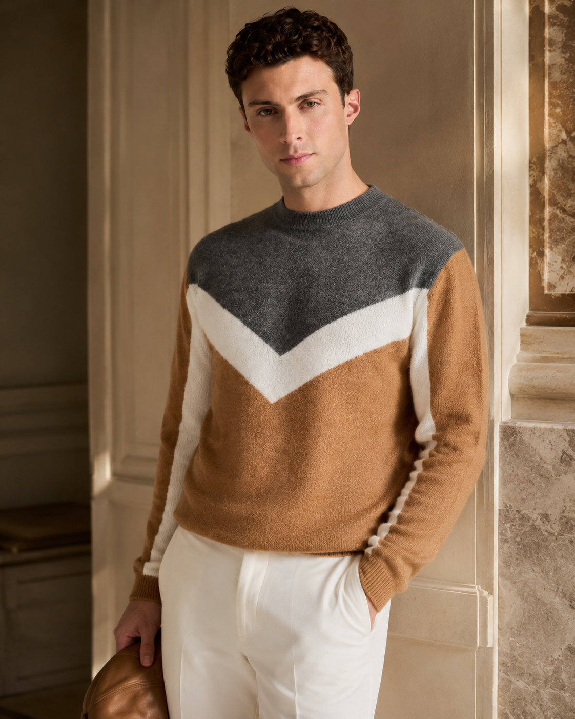 Pulover Modern bej-gri cu design geometric