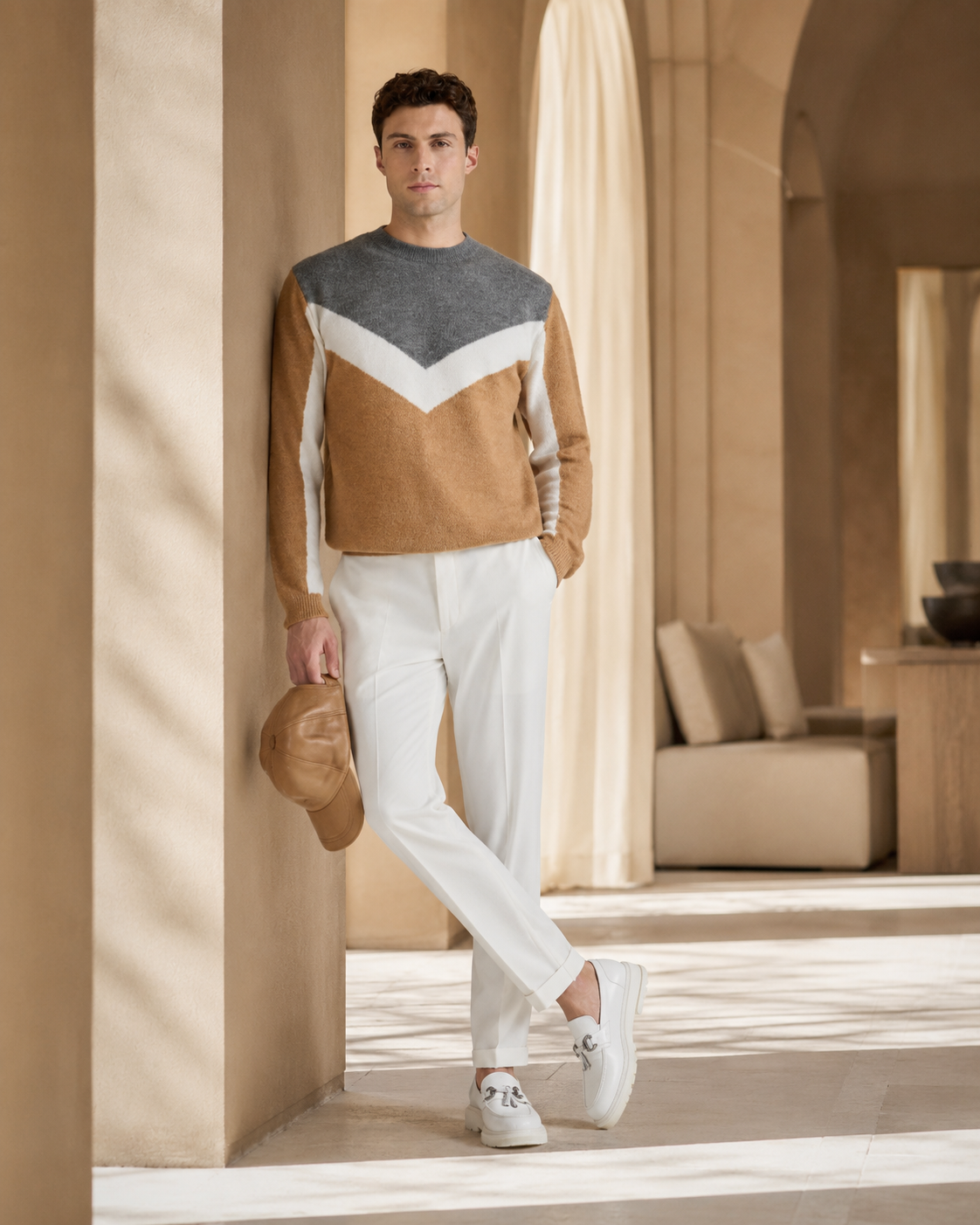 Pulover Modern bej-gri cu design geometric