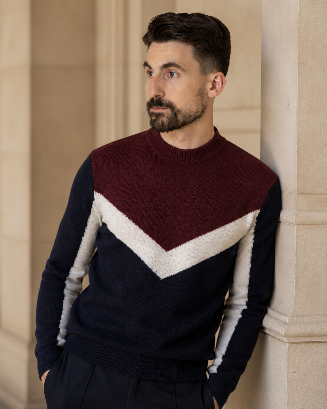 Pulover Modern bordo-bluemarin cu design geometric