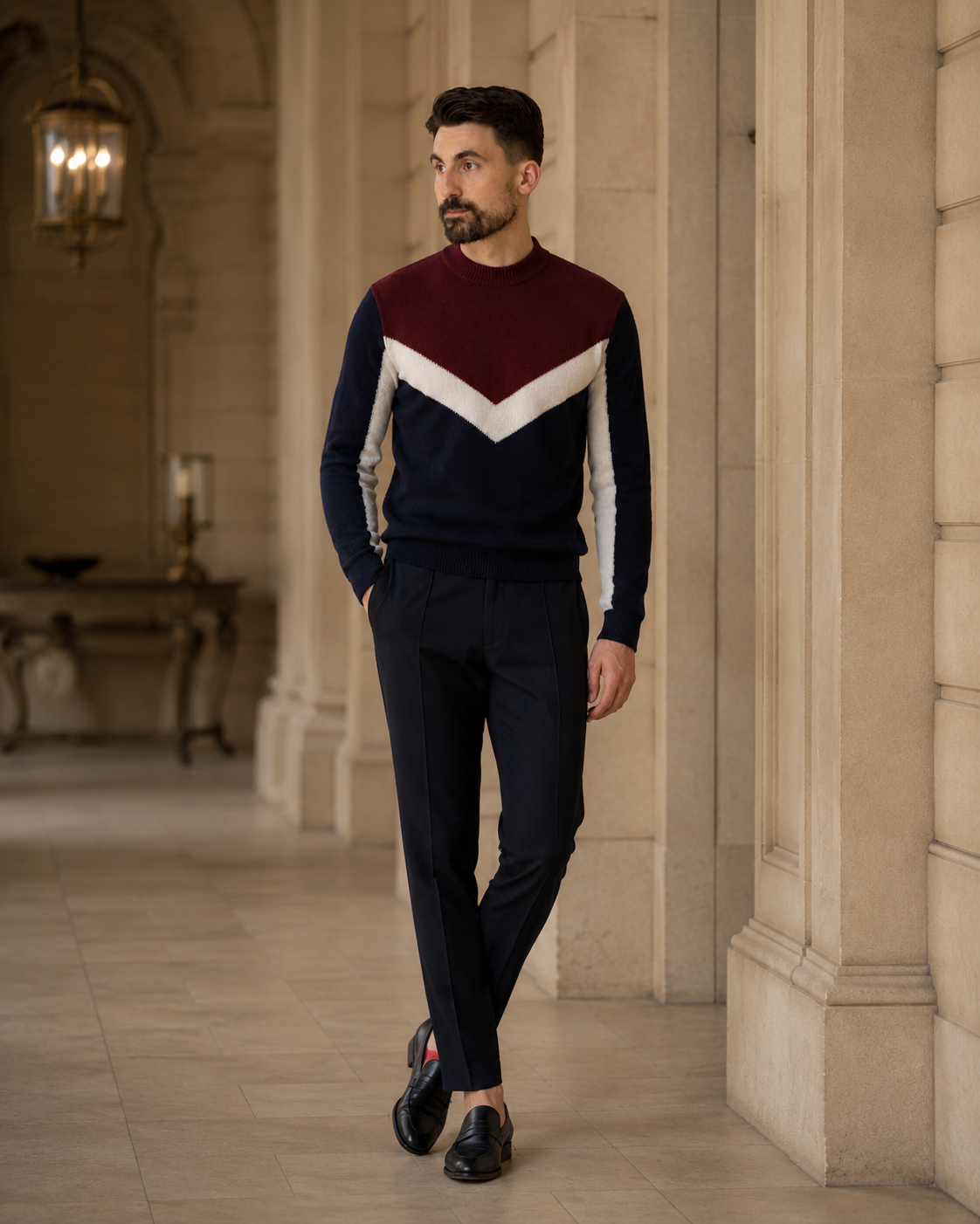 Pulover Modern bordo-bluemarin cu design geometric