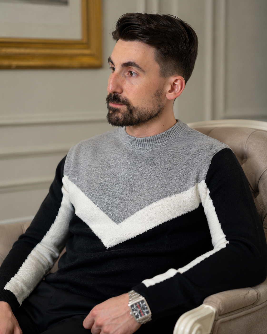Pulover Modern negru-gri cu  design geometric