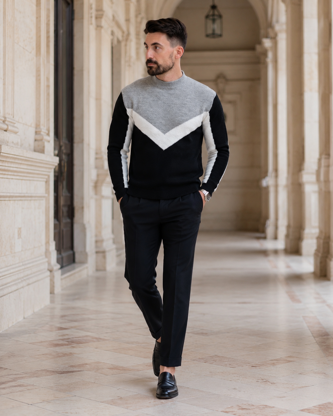 Pulover Modern negru-gri cu  design geometric