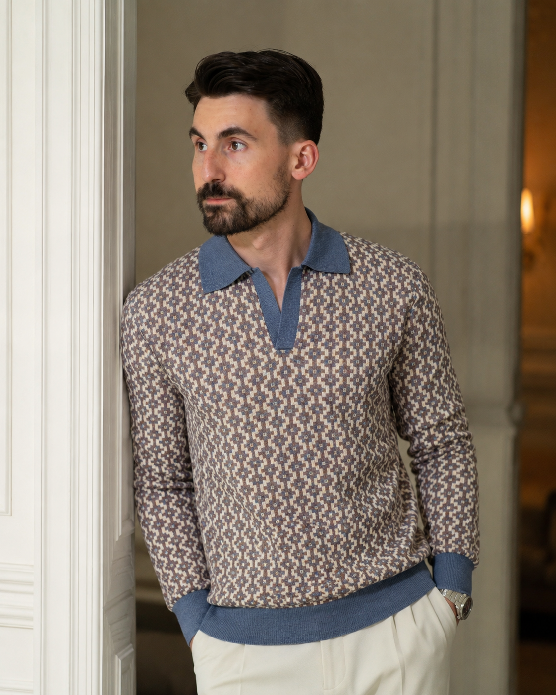 Pulover Poet albastru-bej cu design geometric