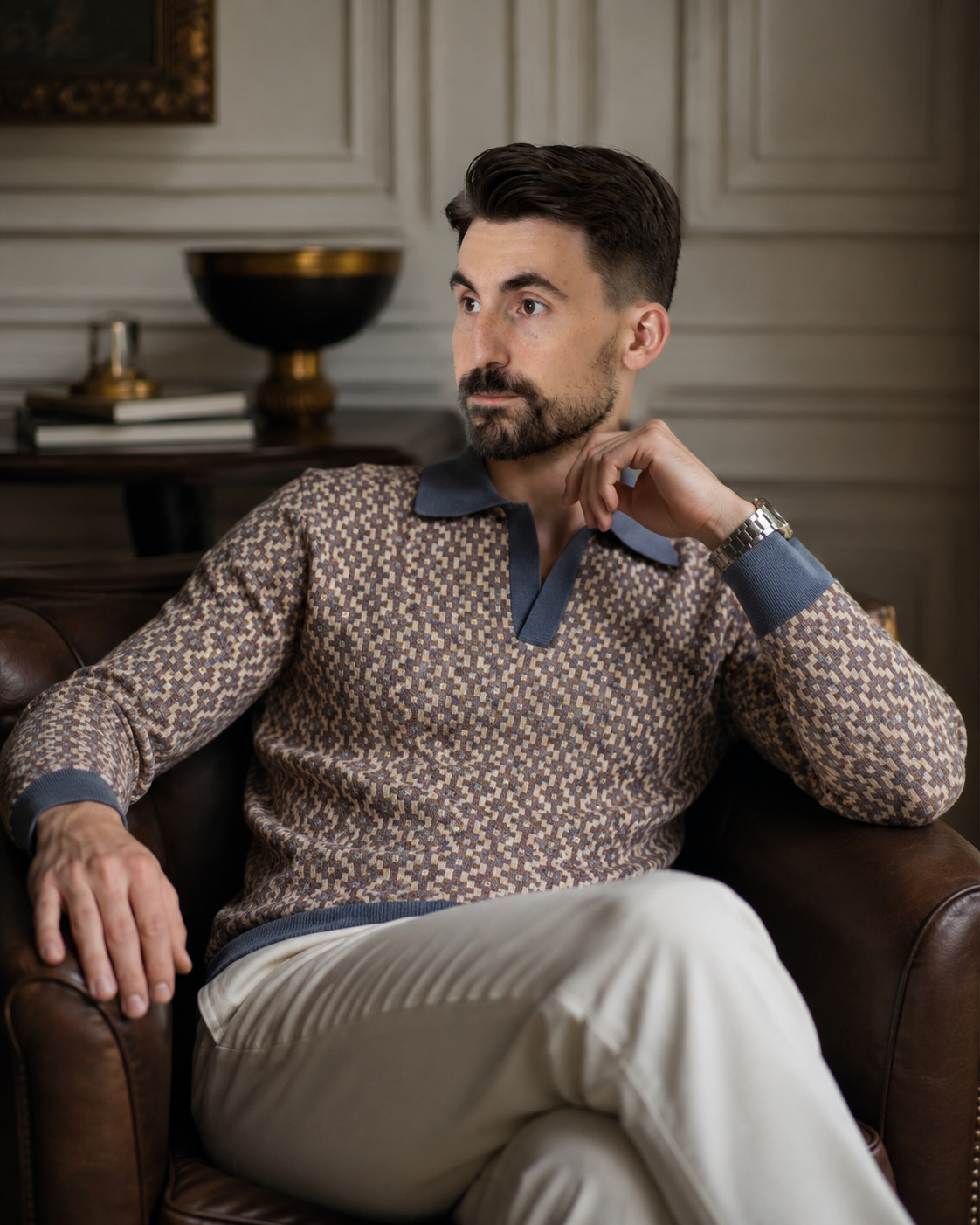 Pulover Poet albastru-bej cu design geometric