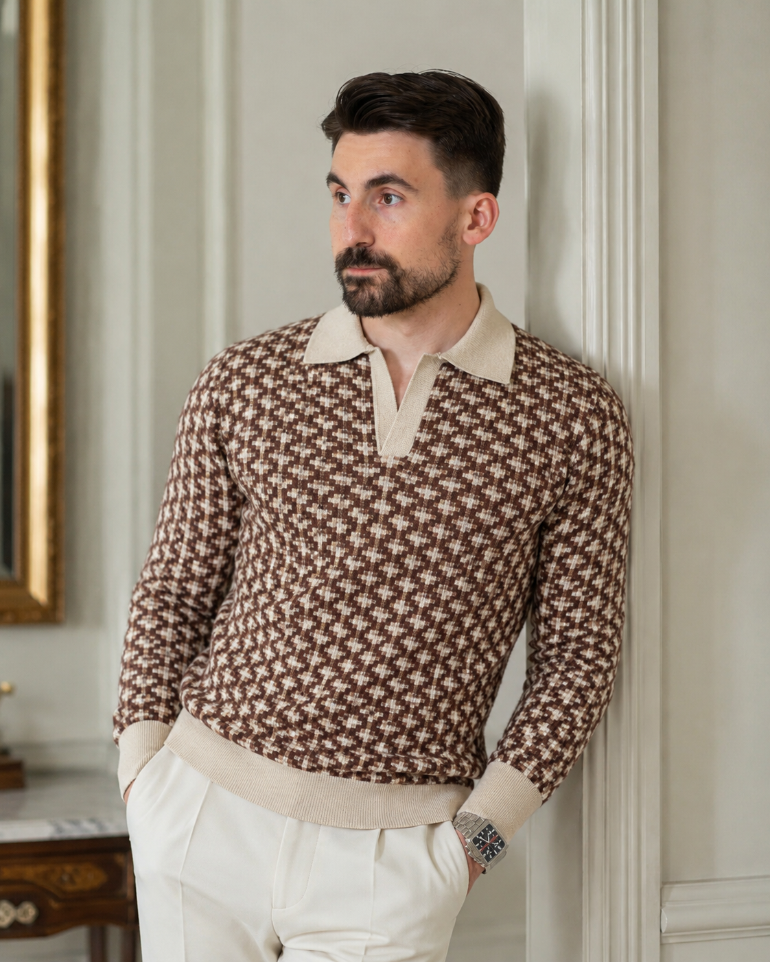 Pulover Poet bej-maro din tricot