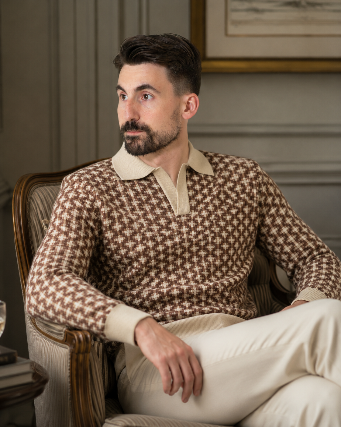 Pulover Poet bej-maro din tricot