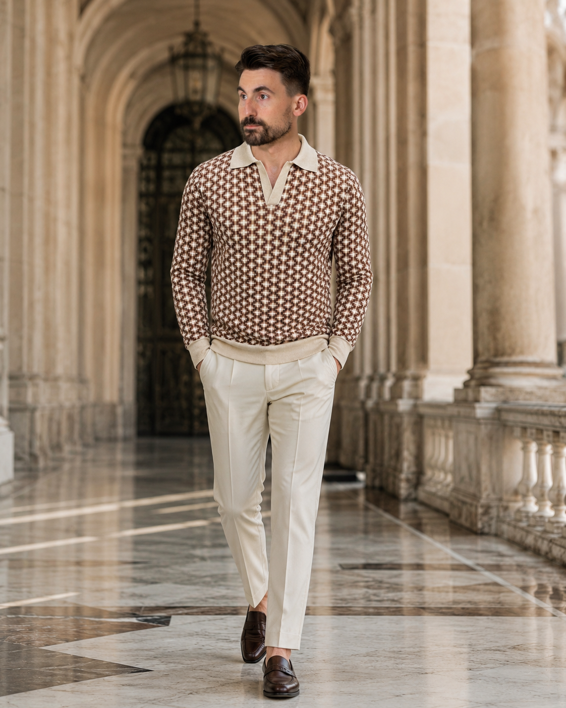 Pulover Poet bej-maro din tricot