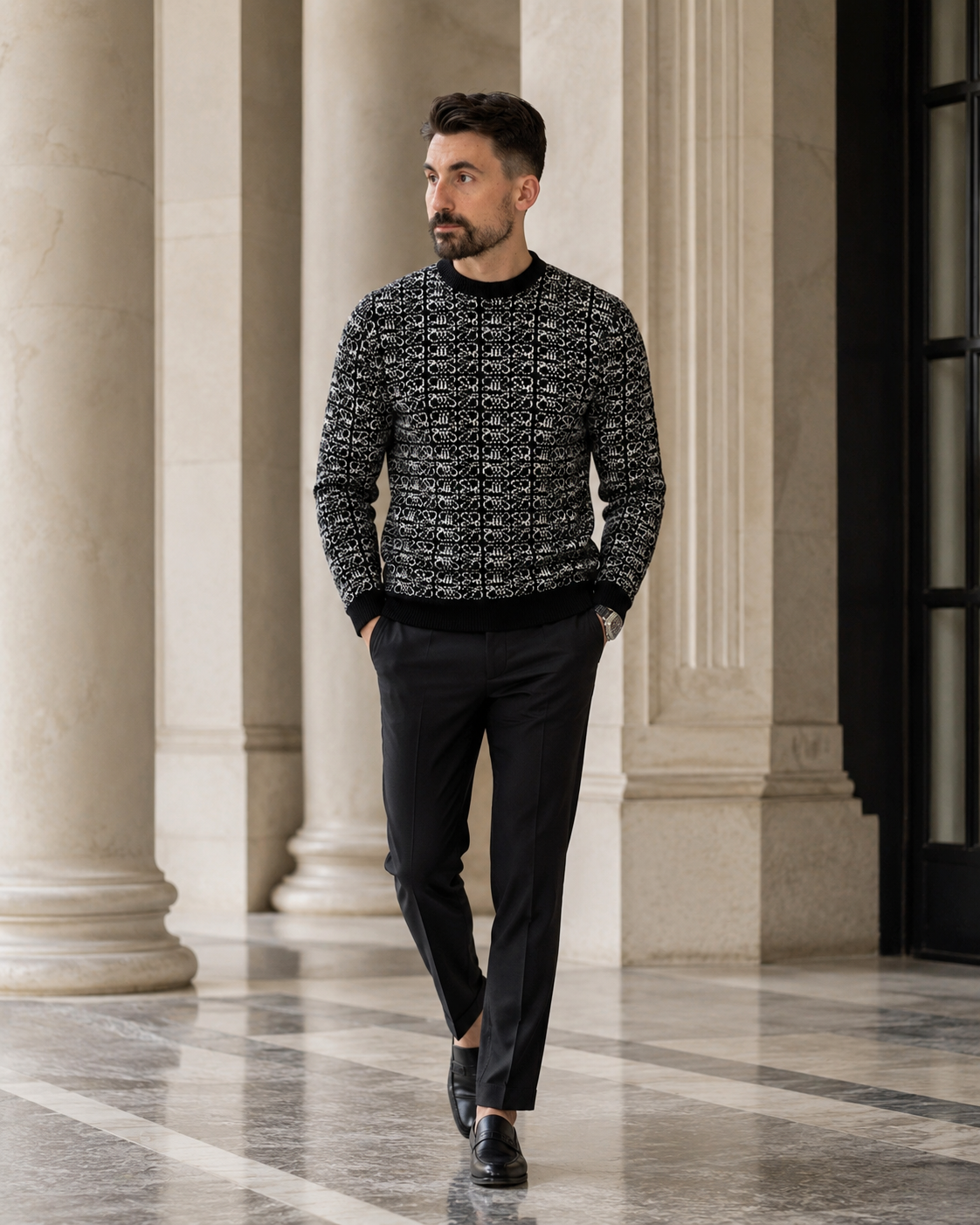 Pulover negru cu model grafic distinct