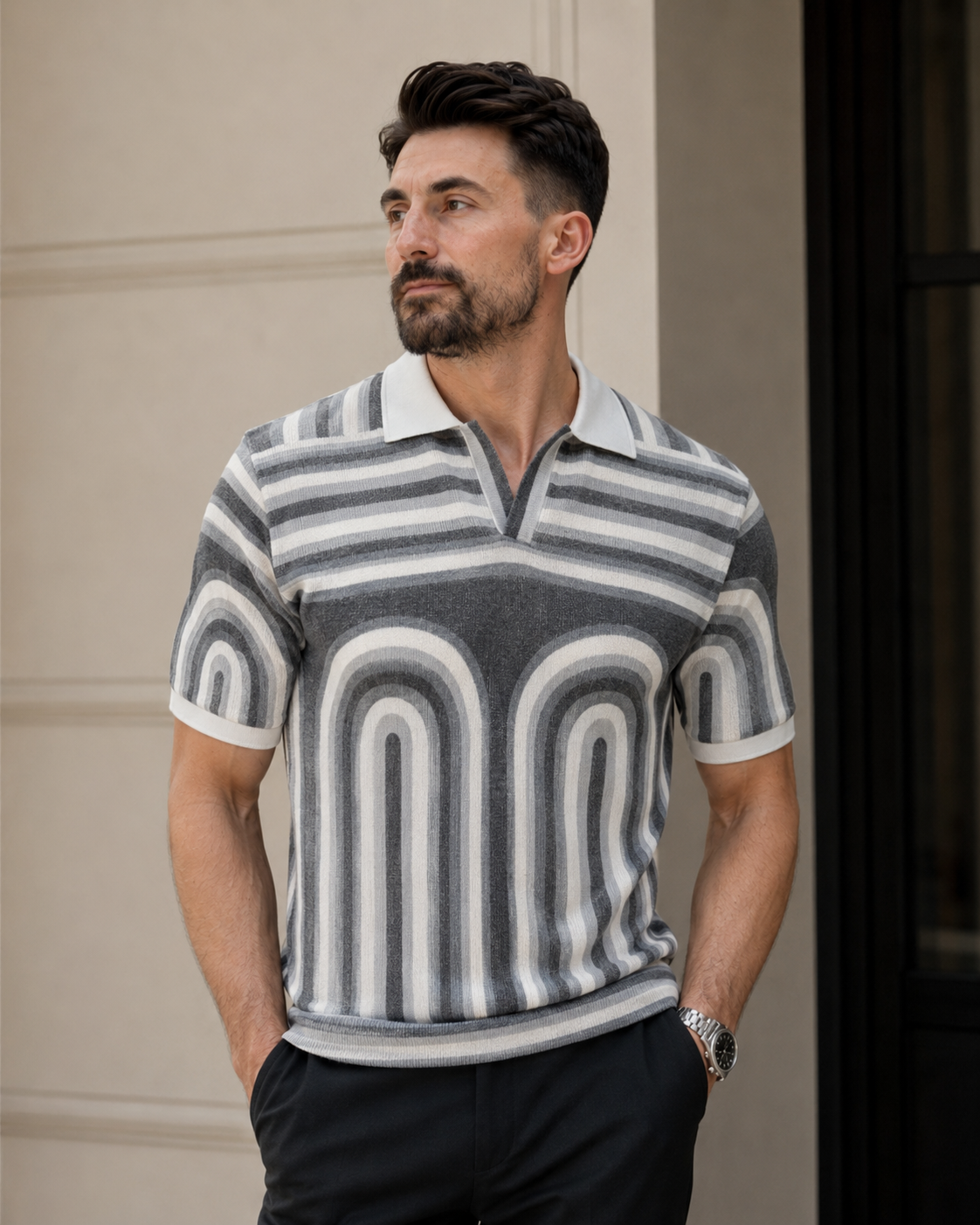 Tricou Guler cu dungi gri