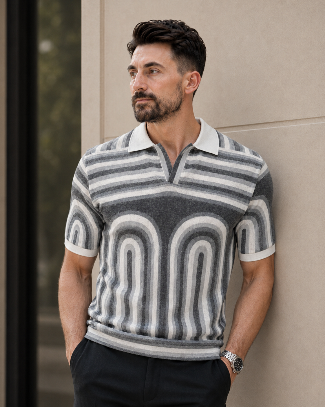 Tricou Guler cu dungi gri