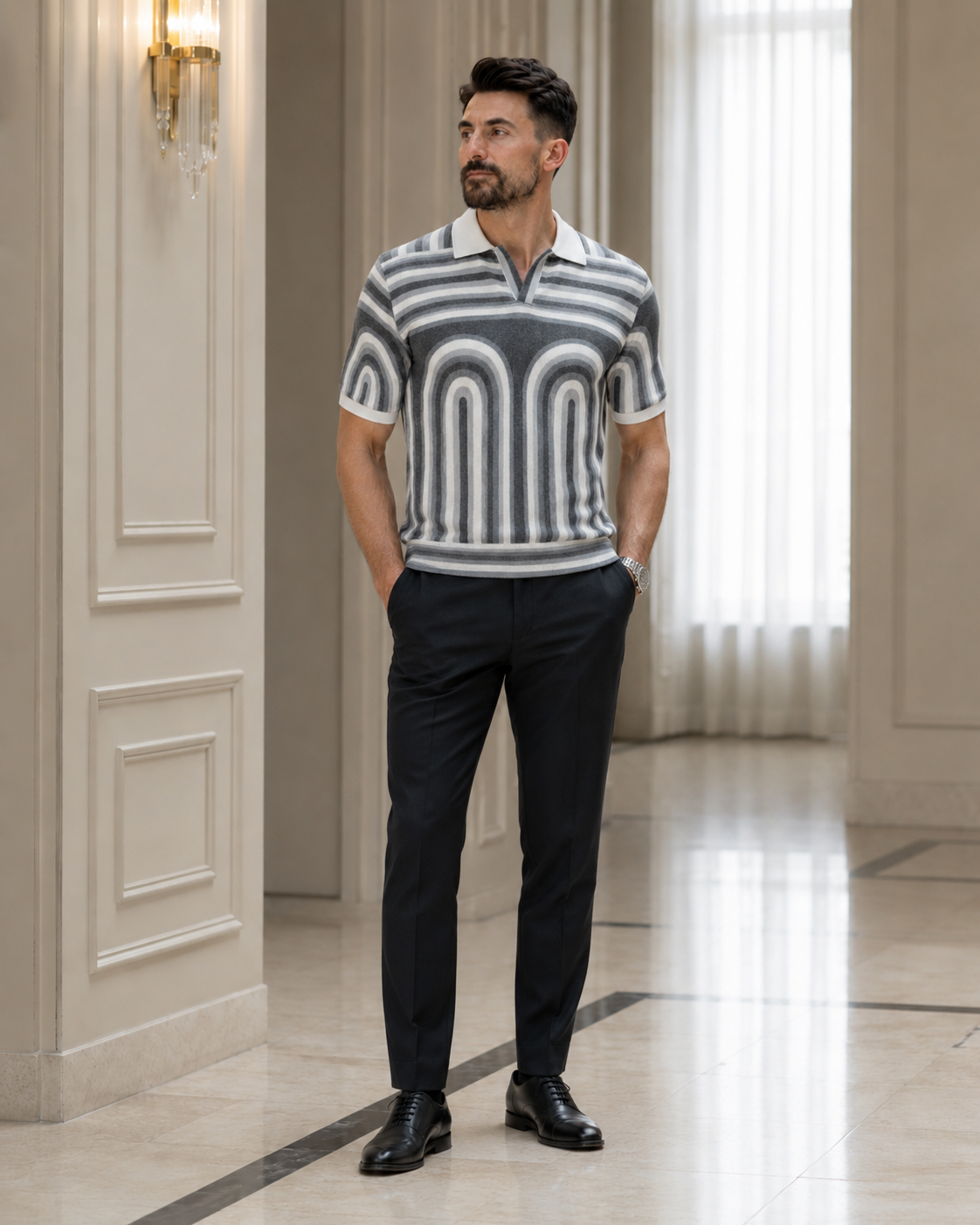 Tricou Guler cu dungi gri