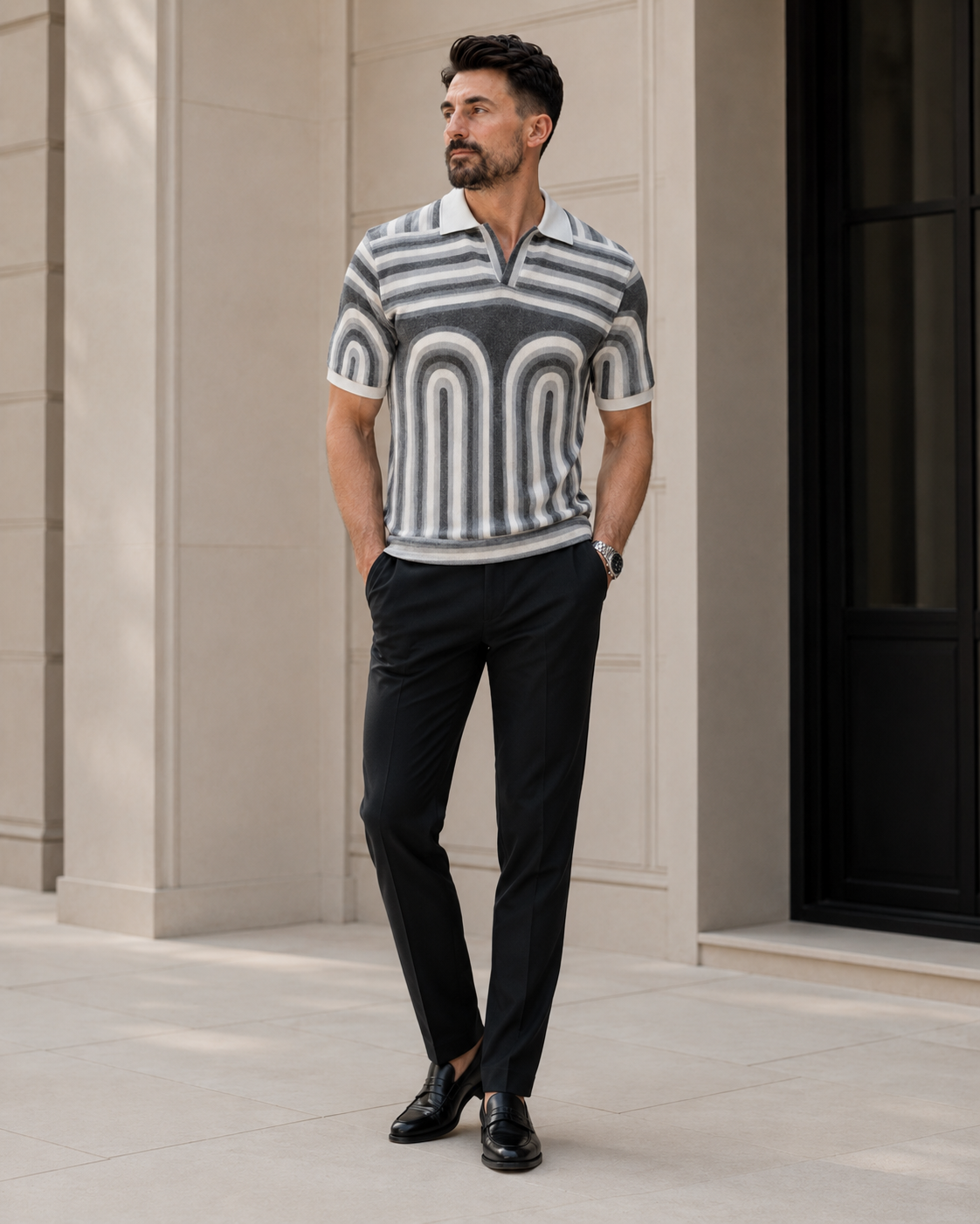 Tricou Guler cu dungi gri