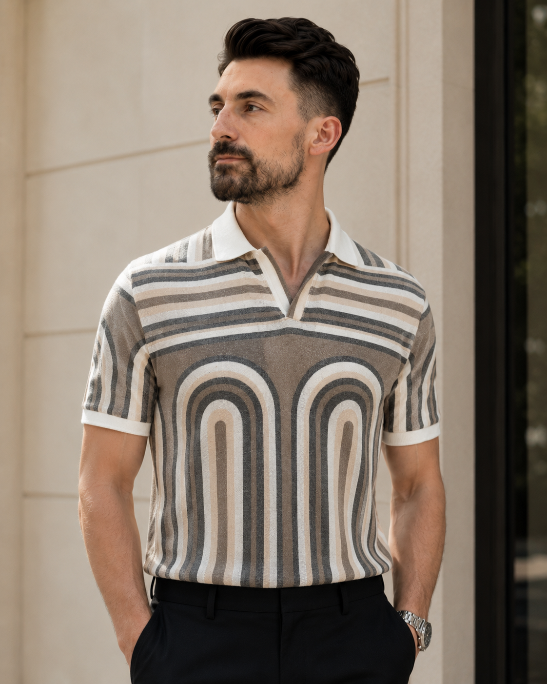 Tricou Guler cu dungi maro