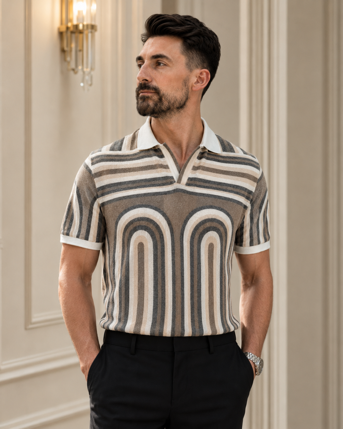 Tricou Guler cu dungi maro