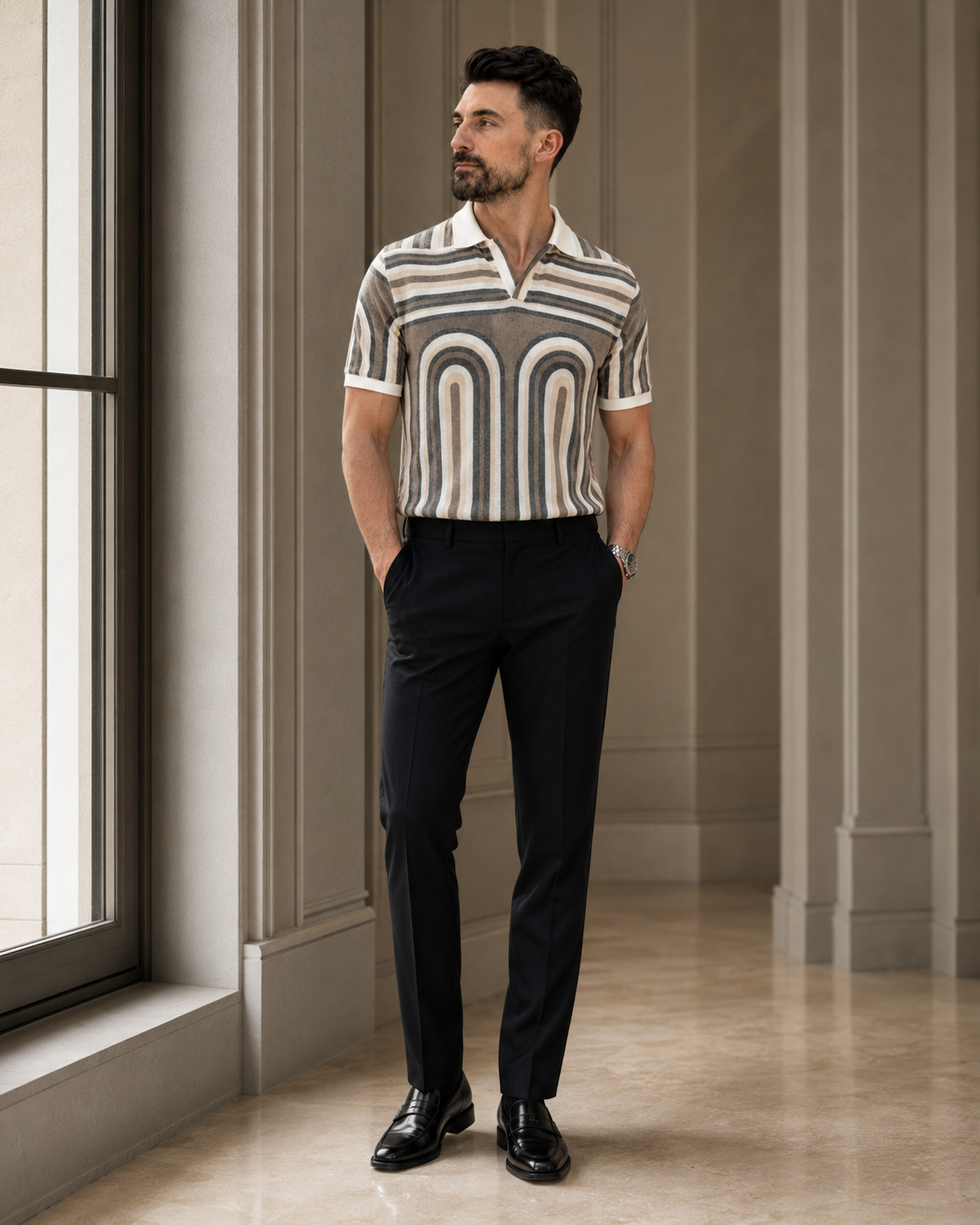 Tricou Guler cu dungi maro