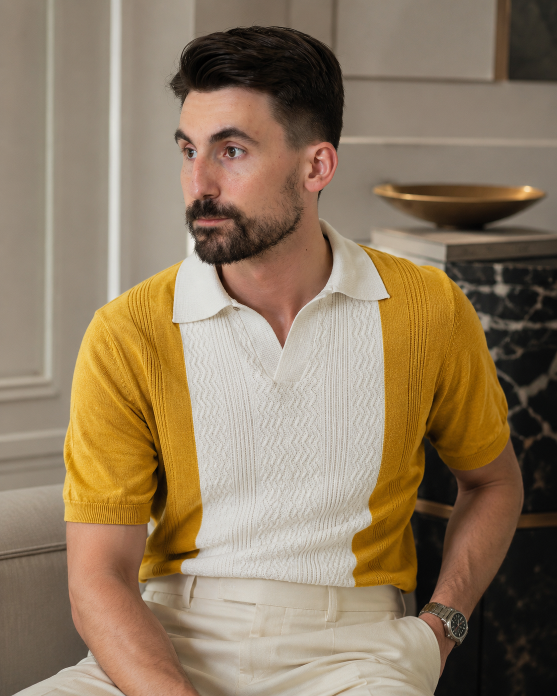 Tricou Guler galben-crem