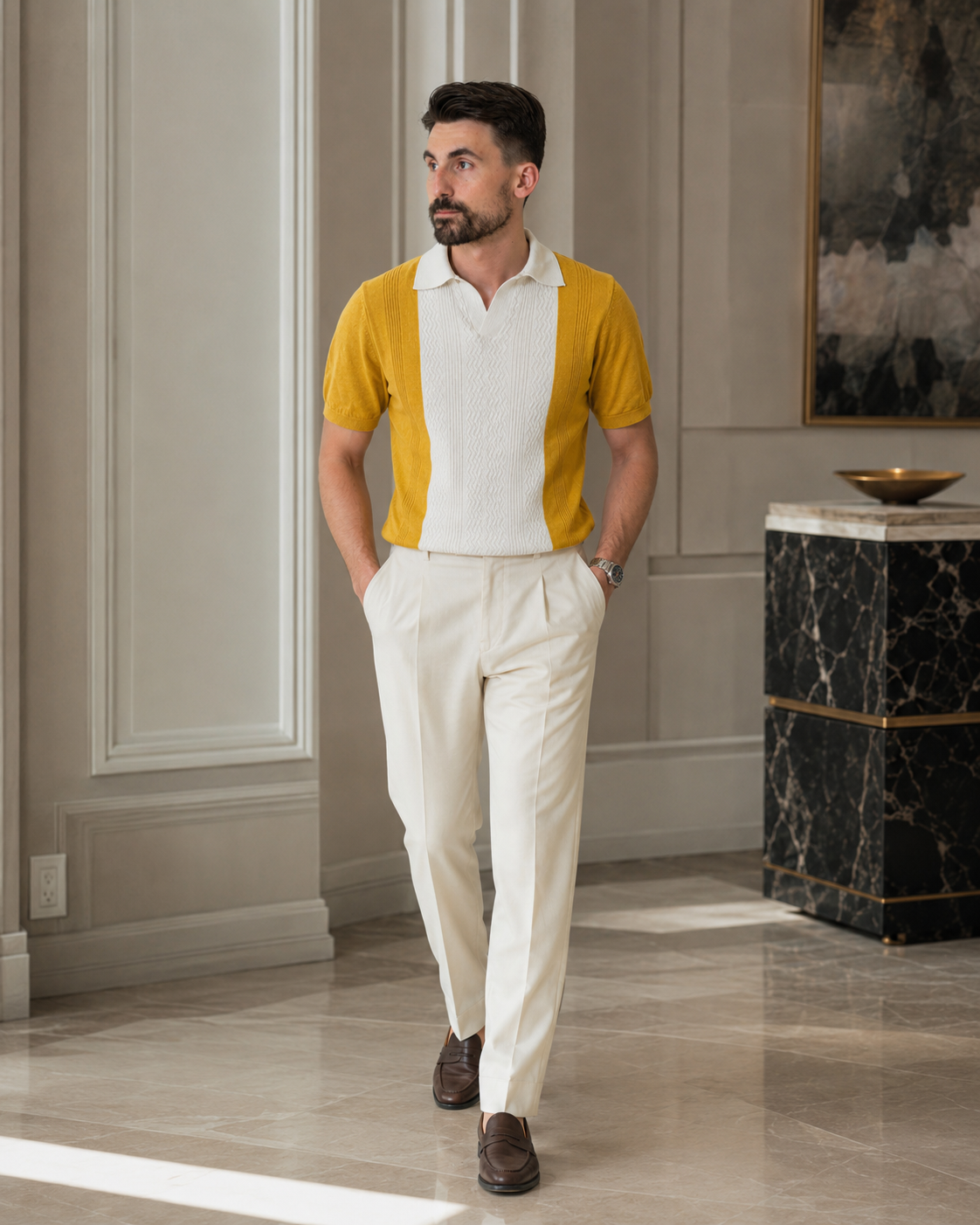 Tricou Guler galben-crem