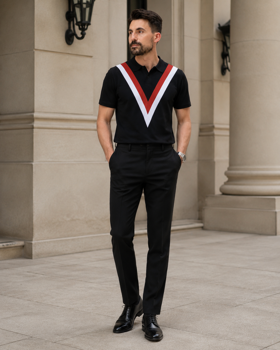 Tricou V Rayon negru-roșu