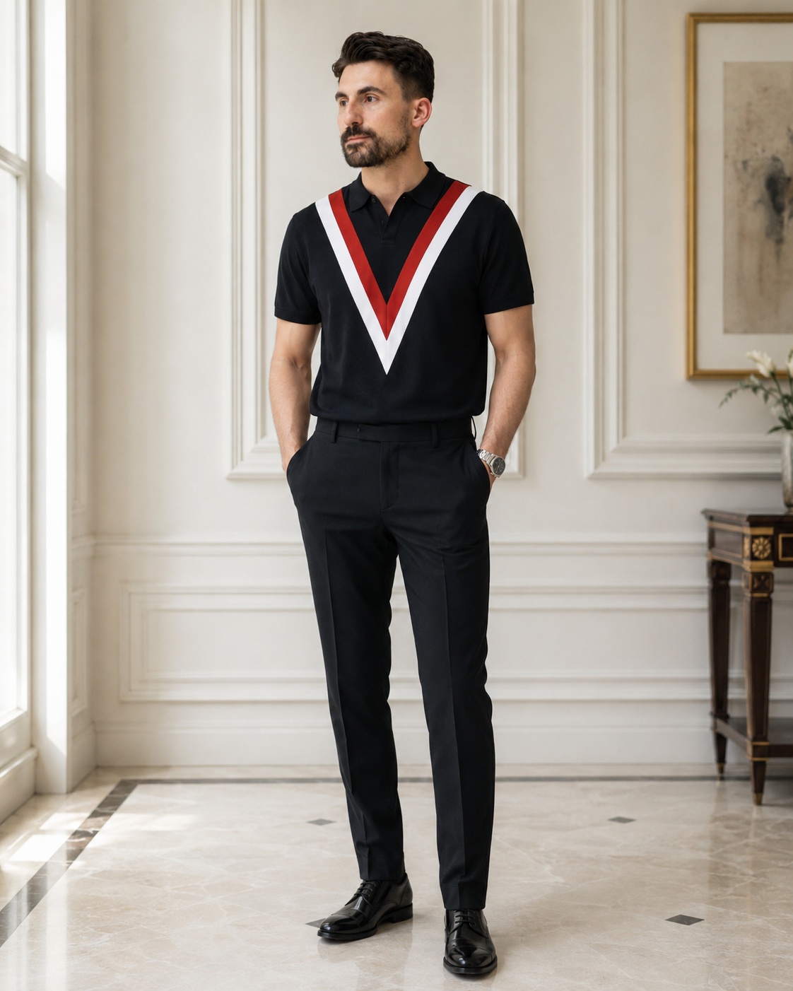 Tricou V Rayon negru-roșu