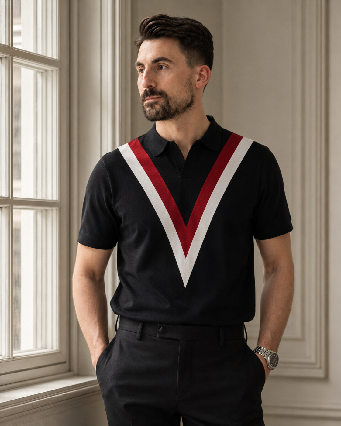 Tricou V Rayon negru-roșu