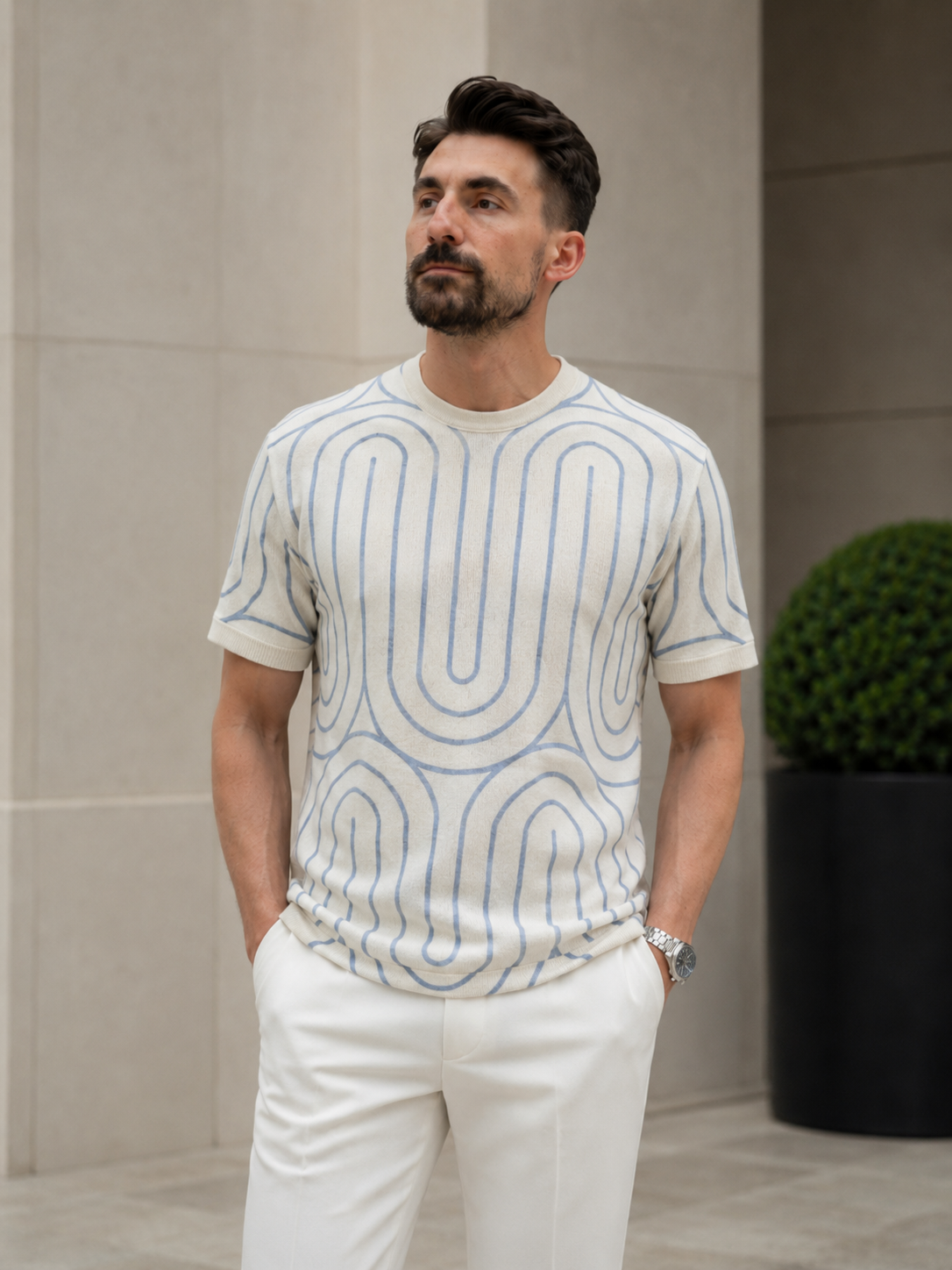 Tricou cu dungi bej-albastru