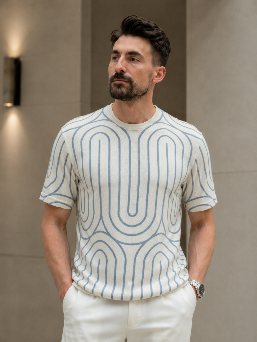 Tricou cu dungi bej-albastru