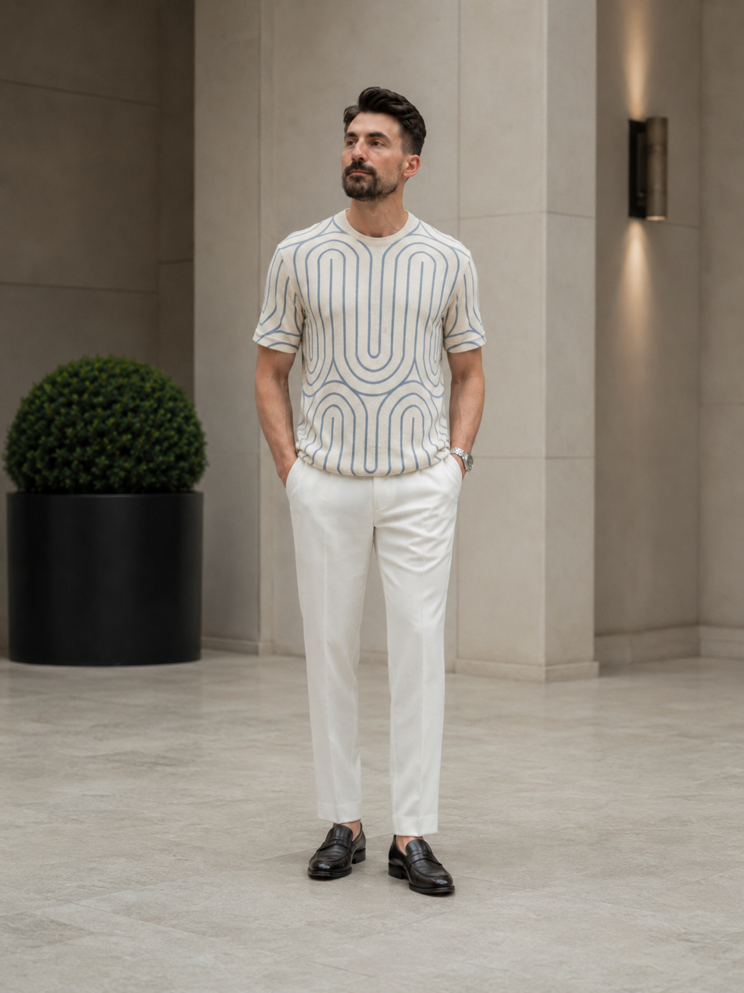 Tricou cu dungi bej-albastru