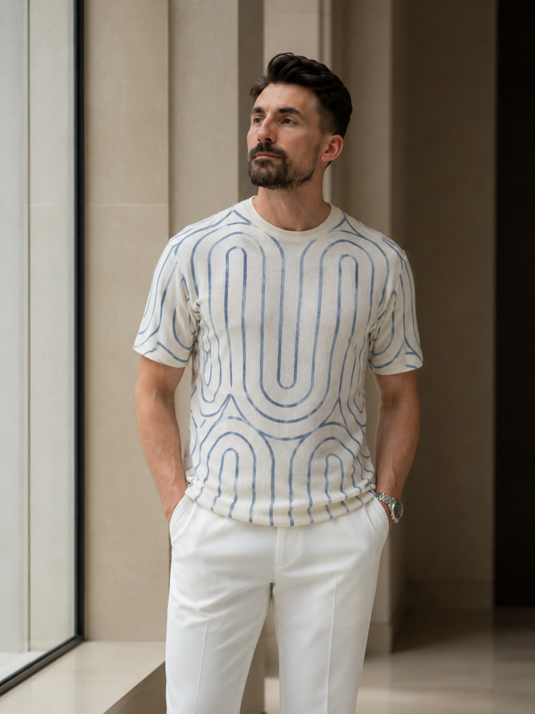 Tricou cu dungi bej-albastru
