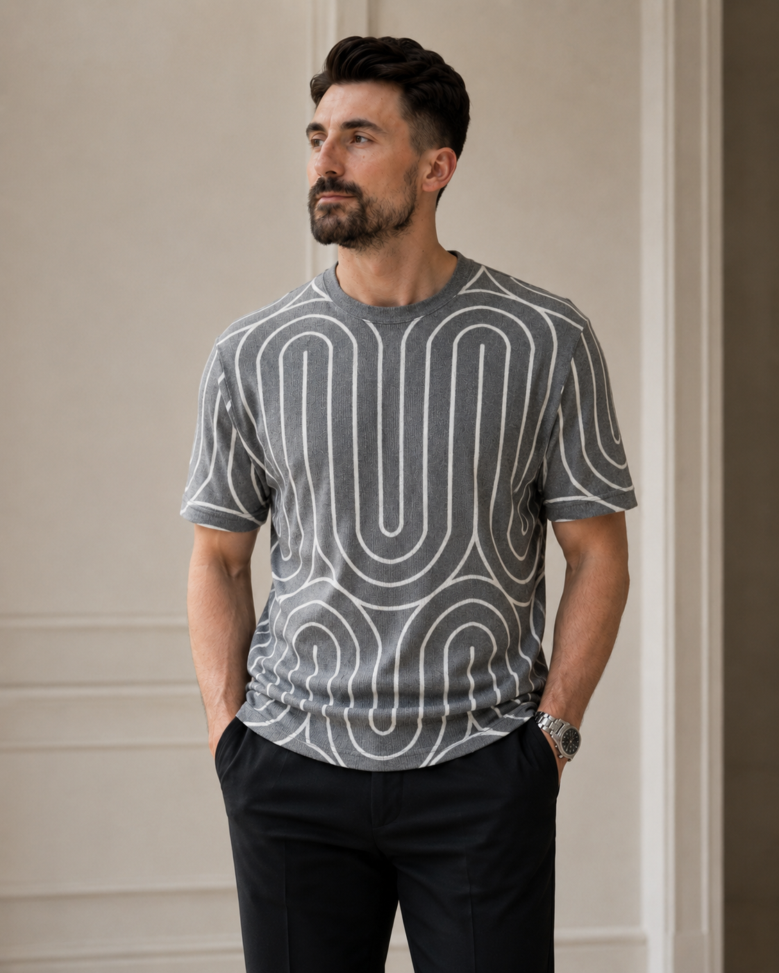Tricou cu dungi gri-alb