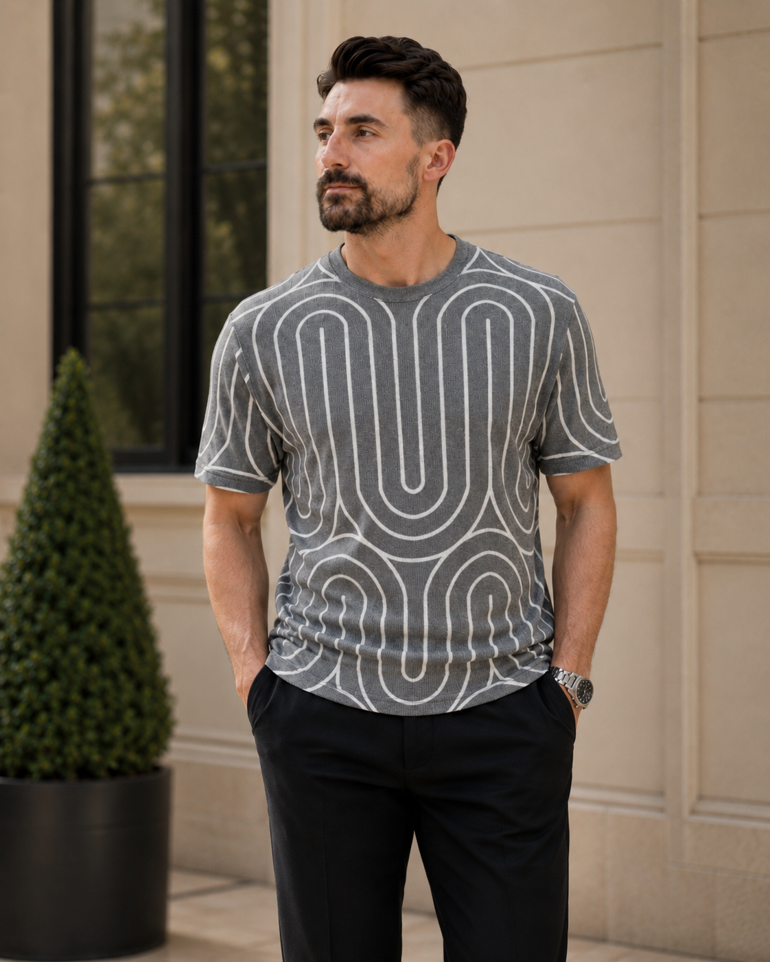 Tricou cu dungi gri-alb