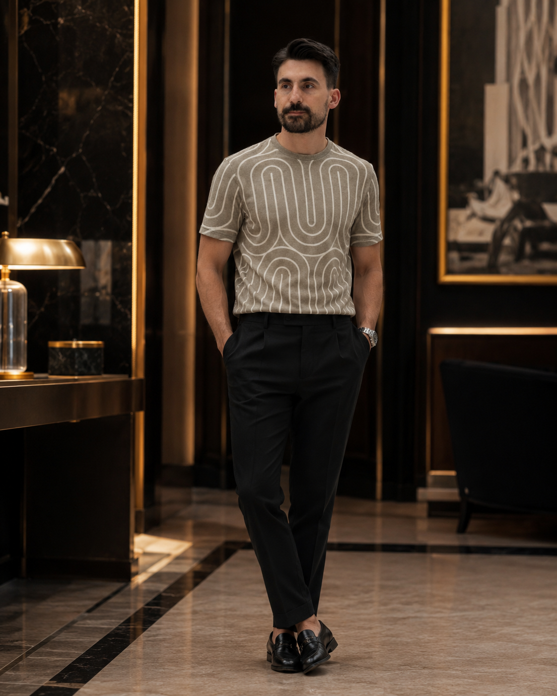 Tricou cu dungi kaki-alb