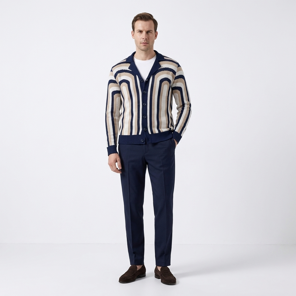 Cardigan Tricotat bleumarin cu dungi în arc