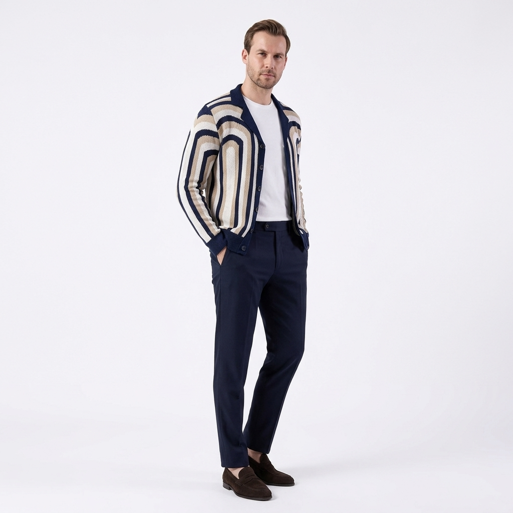 Cardigan Tricotat bleumarin cu dungi în arc