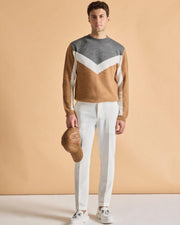 Pulover Modern bej-gri cu design geometric
