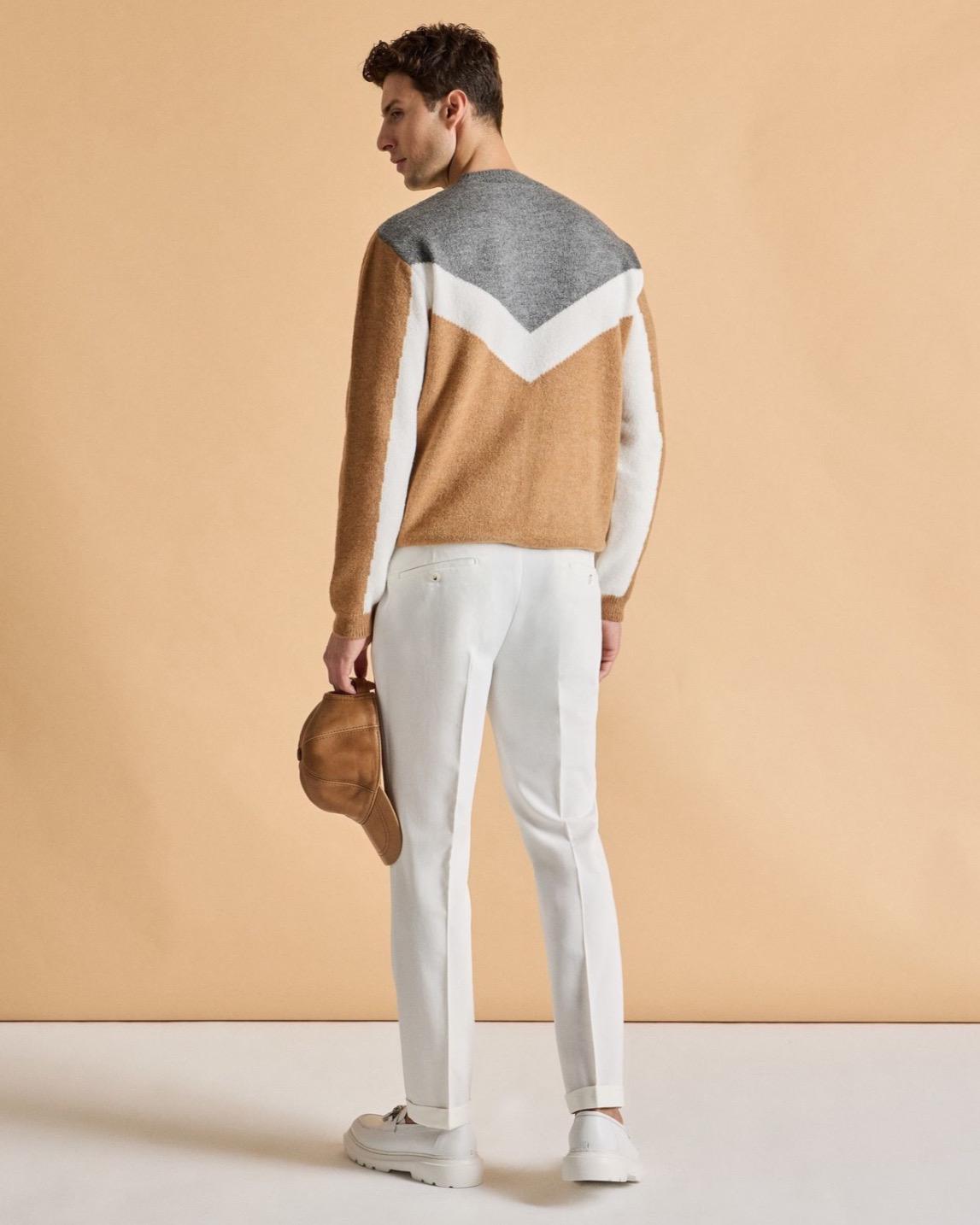 Pulover Modern bej-gri cu design geometric
